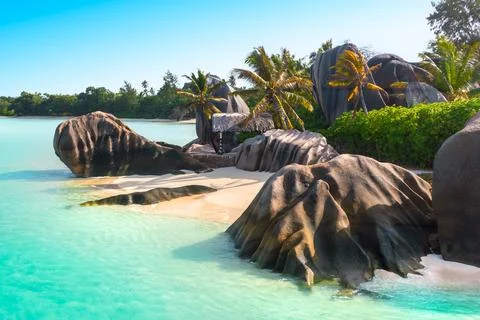 Anse Source DArgent - the most beautiful beach of Seychelles. La Digue Island Stock Photos