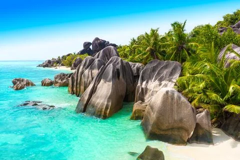 Anse Source DArgent - the most beautiful beach of Seychelles. La Digue Island Stock Photos