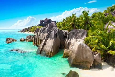 Anse Source DArgent - the most beautiful beach of Seychelles. La Digue Island Stock Photos