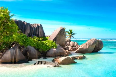 Anse Source DArgent - the most beautiful beach of Seychelles. La Digue Island Stock Photos
