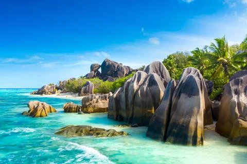 Anse Source DArgent - the most beautiful beach of Seychelles. La Digue Island Stock Photos