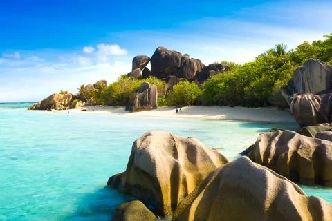 Anse Source DArgent - the most beautiful beach of Seychelles. La Digue Island Stock Photos