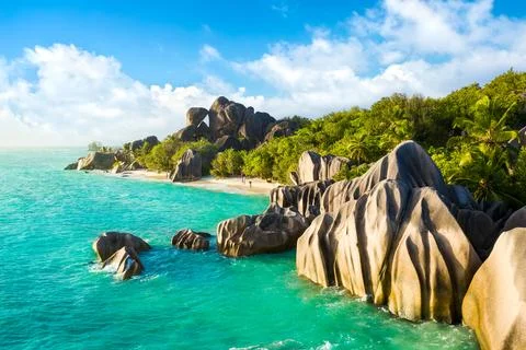 Anse Source DArgent - the most beautiful beach of Seychelles. La Digue Island Stock Photos