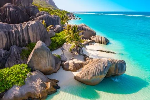Anse Source DArgent - the most beautiful beach of Seychelles. La Digue Island Stock Photos