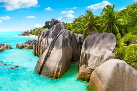 Anse Source DArgent - the most beautiful beach of Seychelles. La Digue Island Stock Photos