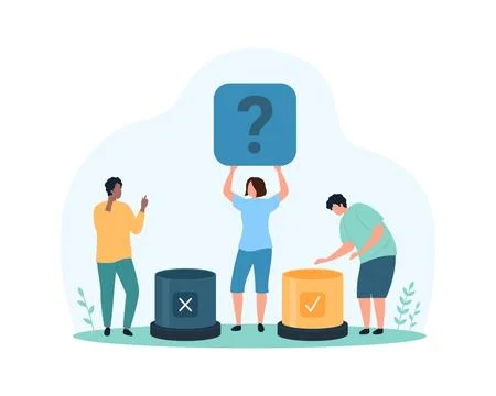 Answer choice, right or wrong decision, tiny people choose to click tick or Stock Illustration
