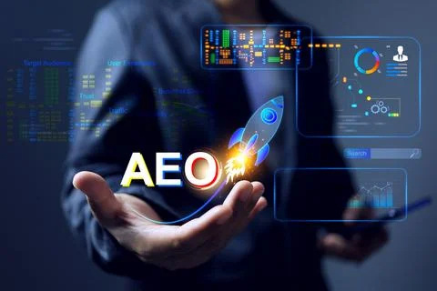 Answer engine optimization AEO concept with businessman holding rocket icon t Foto stock