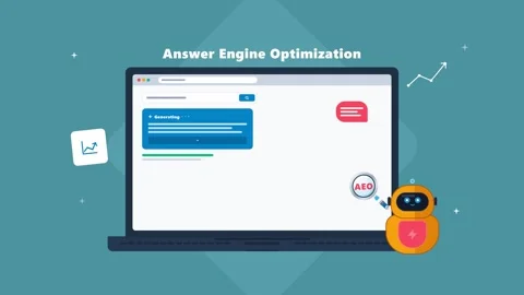 Answer engine optimization concept with robot and laptop. 4K Stock-Footage 342387563