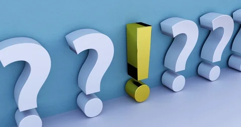 The answer to a question. concept. A golden exclamation mark is in the focus. Stock Footage 94357757