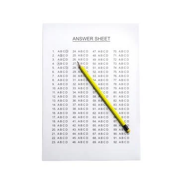Answer sheet with pencil on white background, top view 写真素材