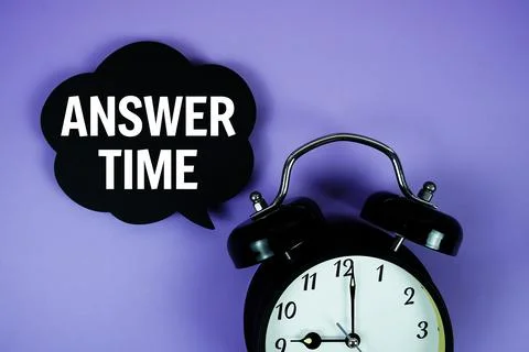 Answer Time text on speech bubble with alarm clock on purple background Stock Photos