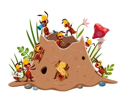 Ant builder characters building anthill with grass Stock Illustration