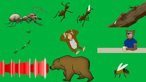 Ant group ants crawling tree branch green screen cartoon monkey background. Stock Footage 310563139
