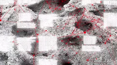 Ant runners: network code and connections. White letters connected by red lines Stock Footage 242427036