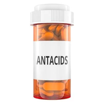 Antacids, medication bottle with tablets. 3D rendering Stock Illustration