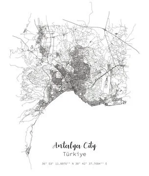 Antalya city vector map poster. Turkey municipality  linear street map Stock Illustration