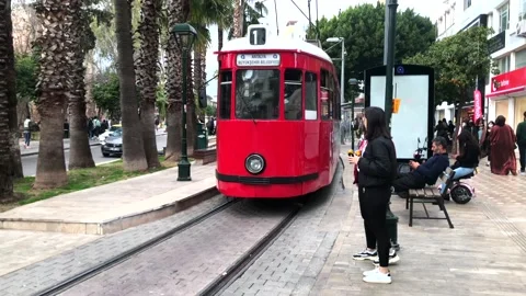Antalya retro tram leaving stop Stock Footage 172469292