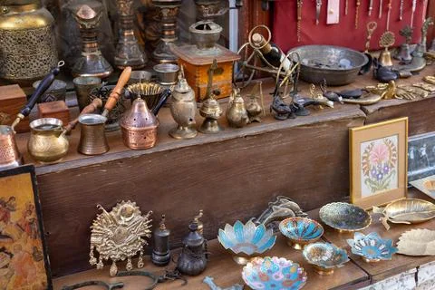 Antalya, Turkey - 28.09.2024: An array of handcrafted brass and copper artifacts Stock Photos