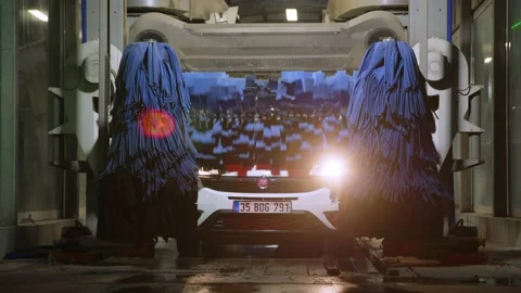 Antalya, Turkey - CIRCA 2023: Automatic car wash at night. white Fiat Doblo car Stock Footage 229508675