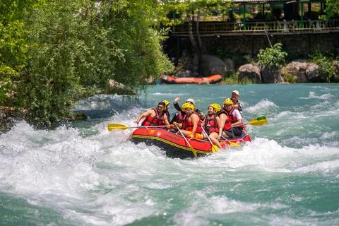 Antalya, Turkey - May 6, 2025: Rafting on a big rafting boat on the river i.. Stock Photos