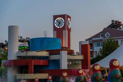 ANTALYA, TURKEY: A square with a clock tower, a fountain and a monument in th Stock Photos
