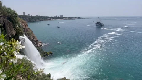 Antalya view with Duden waterfall and cruise ships in Mediterranean Sea Stock Footage 337029121