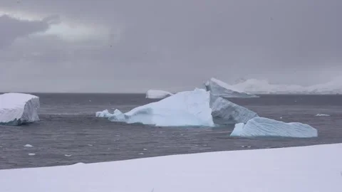 Antarctic expedition.  Large icebergs float in calm waters of the Antarctica Stock Footage 333246302