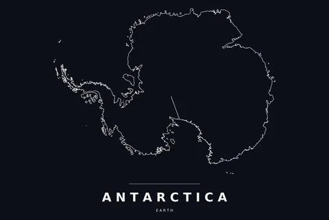 Antarctica Continent Map on Black, White Coastline Outline, Editable Vector Stock Illustration