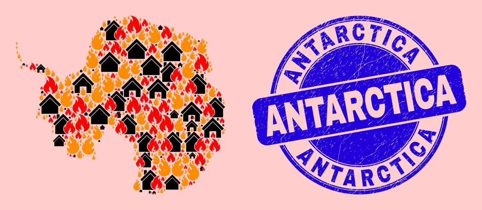 Antarctica Continent Map Composition of Fire and Buildings and Grunge Antarctica Ilustración de archivo