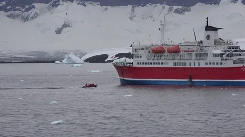 Antarctica expedition ship and inflatable boat Stock-Footage 82445971