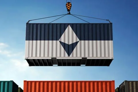 Antarctica trade cargo container hanging against clouds background Stock Illustration