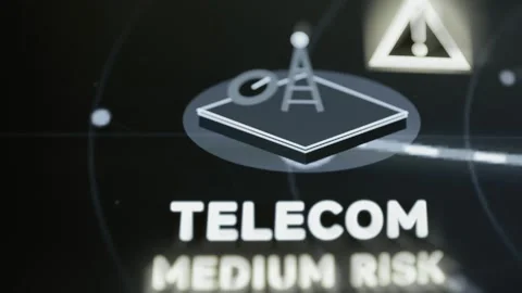 Antenna icon and warning triangle identify the telecom sector as medium risk Stock Footage 343358397