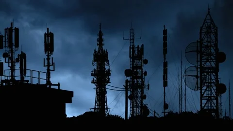 Antennas: Lightning and Thunderstorm flash over Telecommunication Towers Stock Footage 149376217