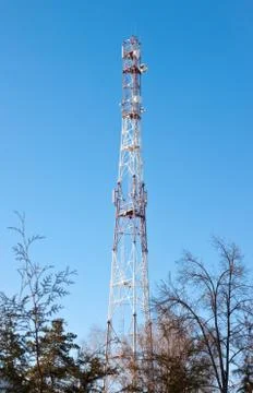 Antennas on mobile network tower. Global system for mobile communications. Stock Photos