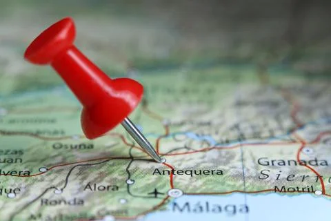Antequera, Spain pin on map Stock Photos