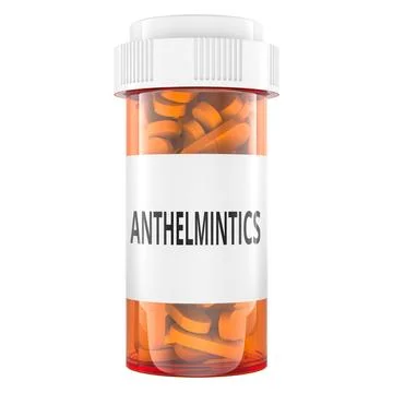 Anthelmintics pill bottle with tablets. 3D rendering Stock-Illustration