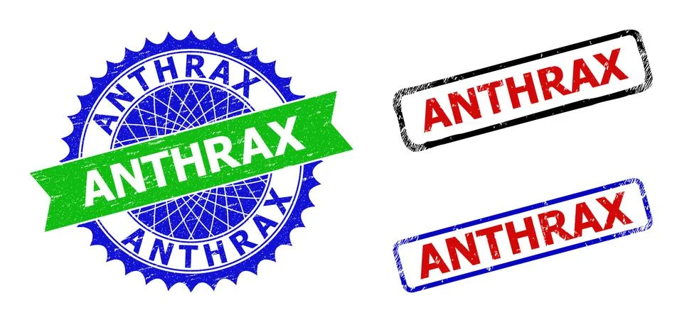 ANTHRAX Rosette and Rectangle Bicolor Stamp Seals with Corroded Textures Stock Illustration