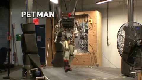 An anthropomorphic robot and a bipedal humanoid robot walk on treadmills and Stock Footage