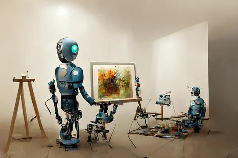 Anthropomorphic robot artist in the studio next to the easel, painting and Stock Illustration