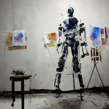 Anthropomorphic robot artist in the studio next to the easel, painting and Stock Illustration