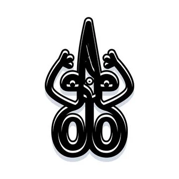 Anthropomorphic scissors character with arms raising black and white line art Stock Illustration