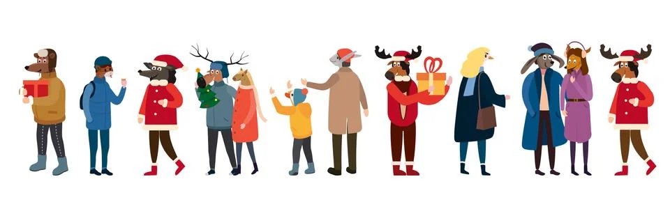 Anthropomorphic Set of animals in human winter clothes coats, jackets, curls Stock Illustration