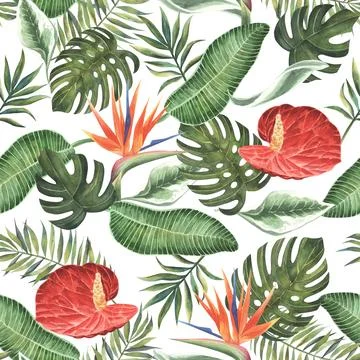 Anthurium and strelitzia seamless pattern. Large red, orange, pink, flowers and Stock Illustration