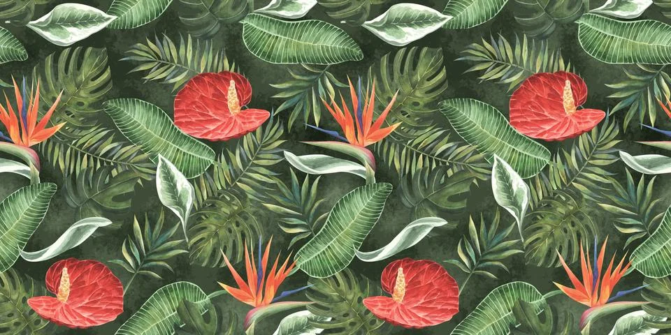 Anthurium and strelitzia seamless pattern. Large red, orange, pink, flowers and Stock Illustration
