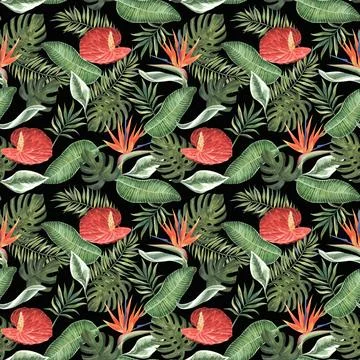Anthurium and strelitzia seamless pattern. Large red, orange, pink, flowers and Illustrazione stock