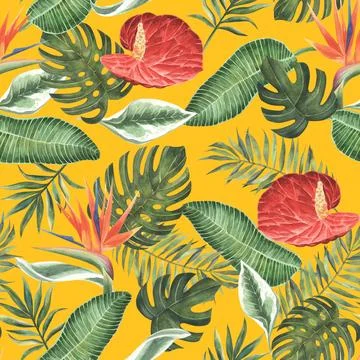 Anthurium and strelitzia seamless pattern. Large red, orange, pink, flowers and Stock Illustration