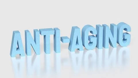 Anti Aging Concept with Blue 3D Typography on Minimal Background 3d render. Illustrazione stock