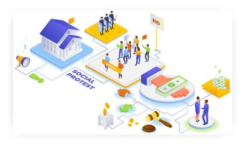 Anti corruption social protests, vector isometric illustration. Activists with 库存插图
