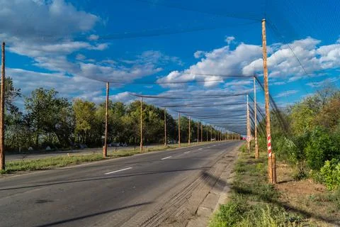 Anti-drone nets defense system near Kramatorsk, Ukraine 库存照片
