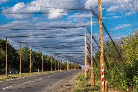 Anti-drone nets defense system near Kramatorsk, Ukraine 库存照片